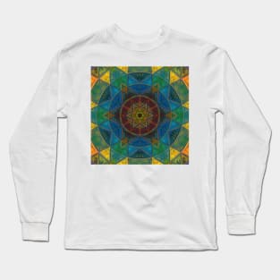 Mosaic Kaleidoscope Flower Blue Yellow and Green Long Sleeve T-Shirt